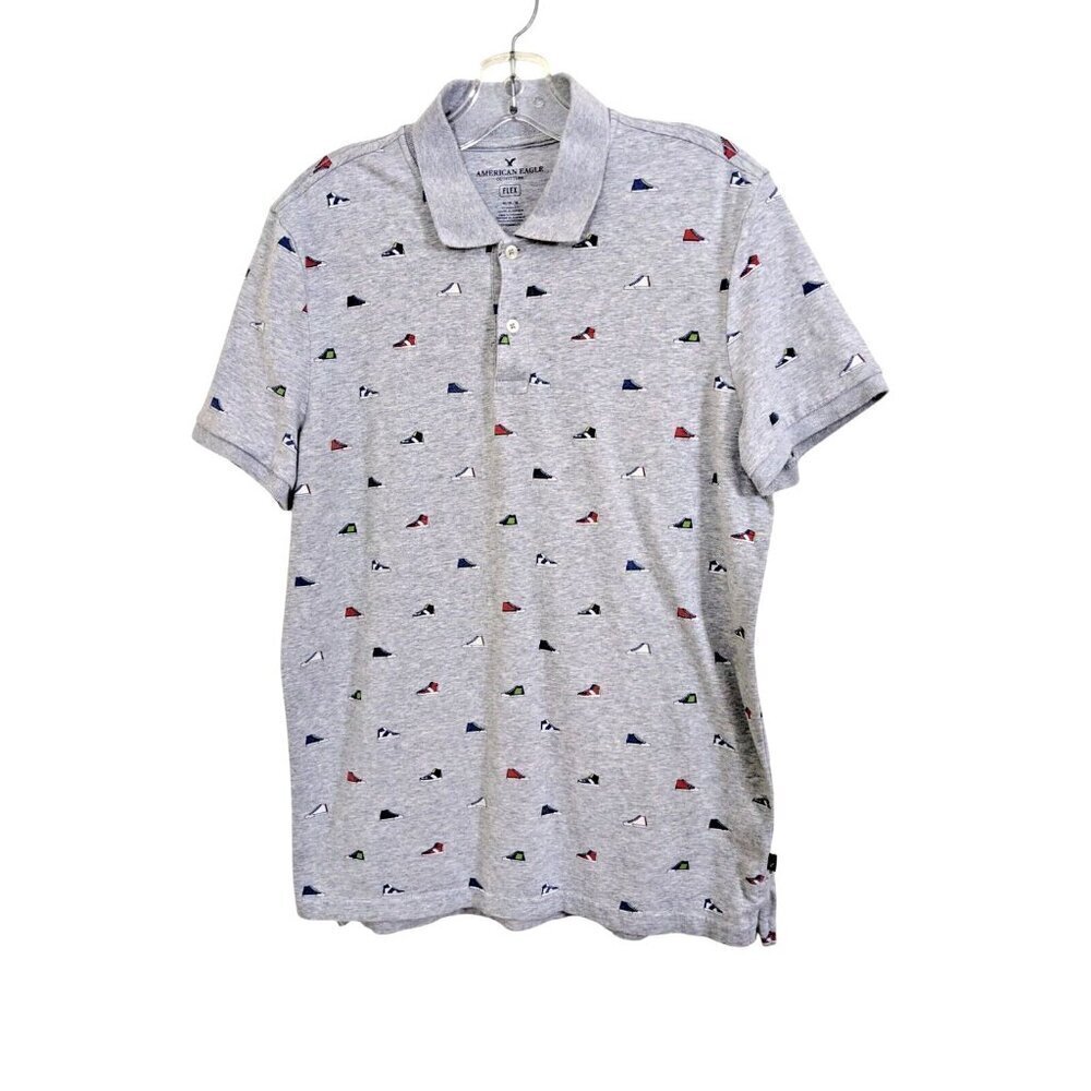 American Eagle Outfitters Flex Polo Shirt Mens Med Gray All Over Print Sneakers